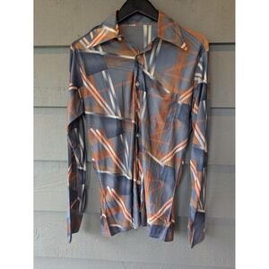 VTG Poly Shirt Mens Medium Blue Orange Long Sleeve Button Up Retro Disco 70s